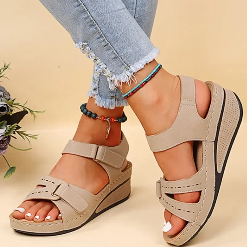 Open Toe Fashion Womens Sandals Summer Soft Sexy Womens Sandals Wedge Buckle Womens Orthopedic Sandal Footwear Female 250402