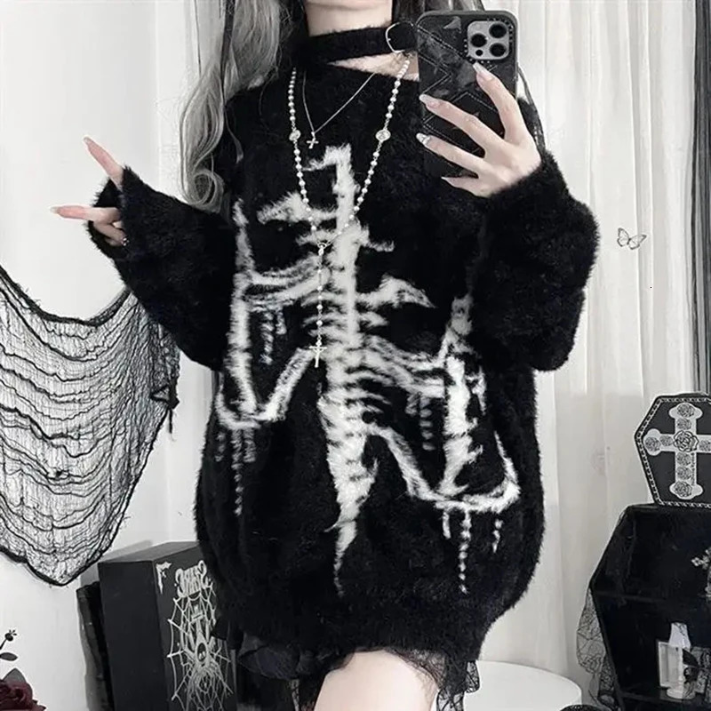 Dark Punk Sweater Women Harajuku Y2K Long Sleeve Knit Pullover Black Gothic Street Loose Top American Vintage Lazy Knitwear 251105