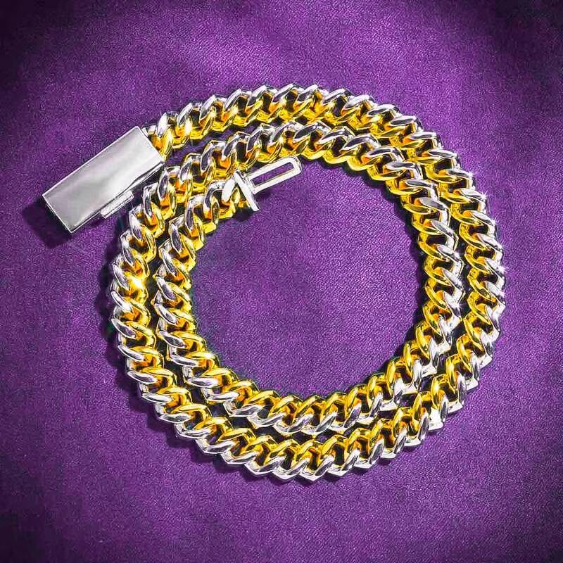 10MM 12MM Pass Diamond Tester Hip Hop D Color Split Two Tone Moissanite Mens Cuban Link Chain With 925 Sterling Silver GRA