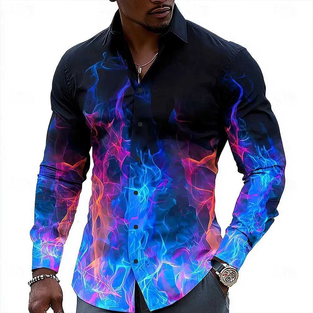 Hip Hop Flame Print Shirt Men Streetwear 2025 Fashion Long Sleeve Tops Urban Trendy Graphic Tee Shirt Casual Loose Fit Clothing K251110