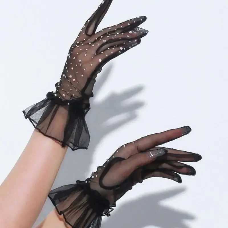 Women Sexy Transparent Shiny Pole Dancing High Stretch Gloves Stage Performance Cosplay Mesh Lolita Elegant Short Ruffle L251110
