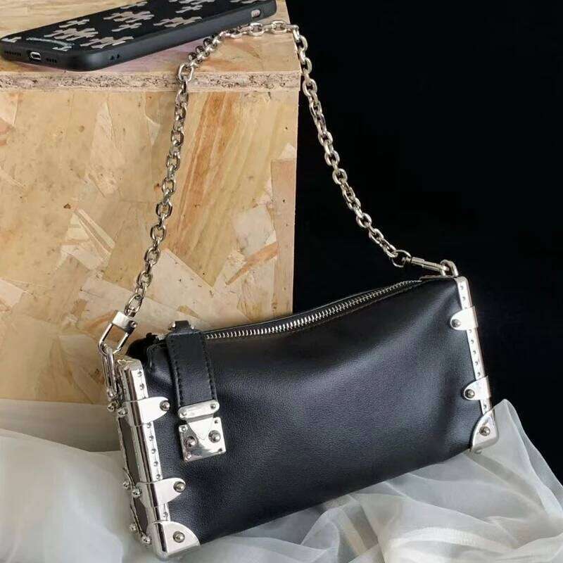 Genuine Leather Small Box Bags For Women Luxury Designer Handbags Purses 2025 New In Cowhide Lock Rivet Chain Underarm Shoulder