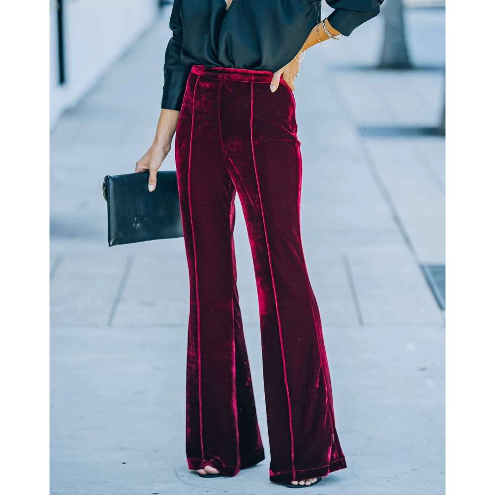 Cross-Border Independent Station European and American New Style 2023 Autumn Winter Women's Patchwork Velvet Flared High Waist Casual Pants