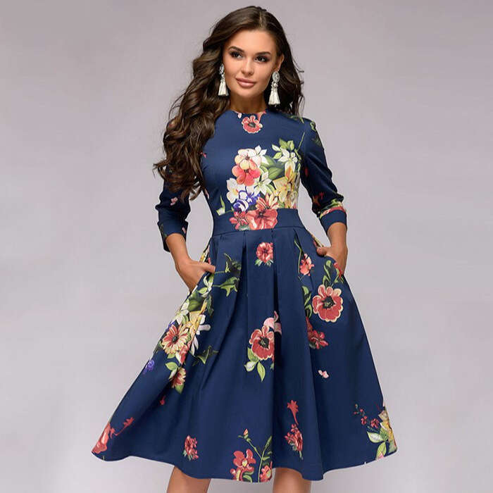 2022wish European and American Autumn Winter Women's A-line Party Retro Small Floral Three-quarter Sleeve Round Neck Dress