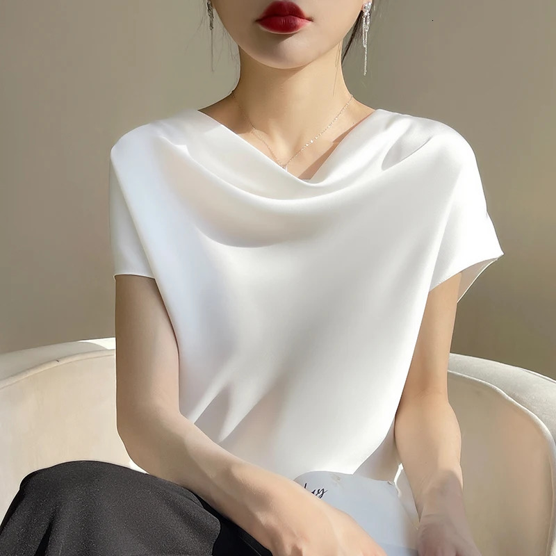 Summer satin short sleeved T-shirt suitable for women loose dress and acetate bottom shirt 250410