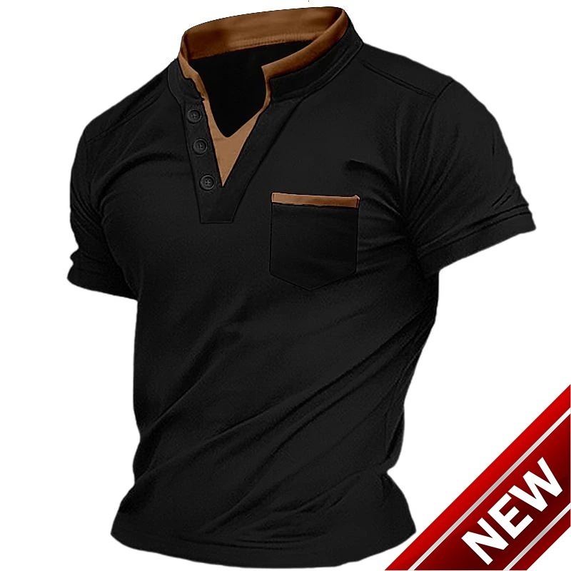 Mens short sleeved Henry shirt T-shirt top with pockets button up collar fashionable color matching collar