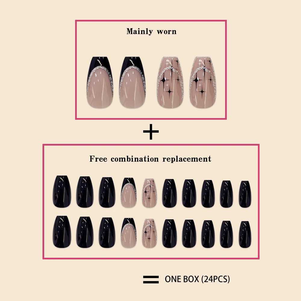 Womens 24pcs/set short coffin shaped black French glitter and star Versatile Beautiful full set wearable fake nails W250410