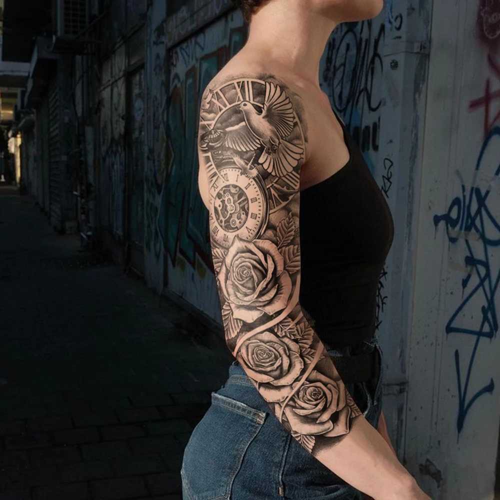Large Full Sleeve Waterproof Temporary Tattoo Stickers Clock Rose Pigeon Bird Totem Fake Tattoo Body Art Mens Legs W250410