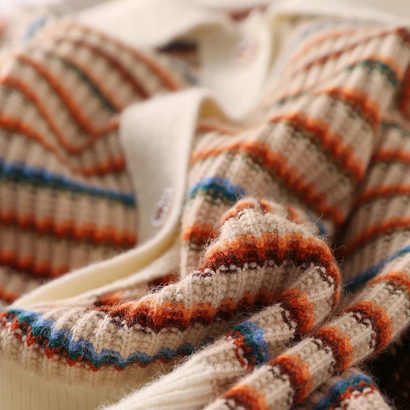Womens Colorful Striped Knitted Cardigan Short Spring Autumn Vintage Stripe Sweater Fashion Slimming Flip Collar Loose Top 251103