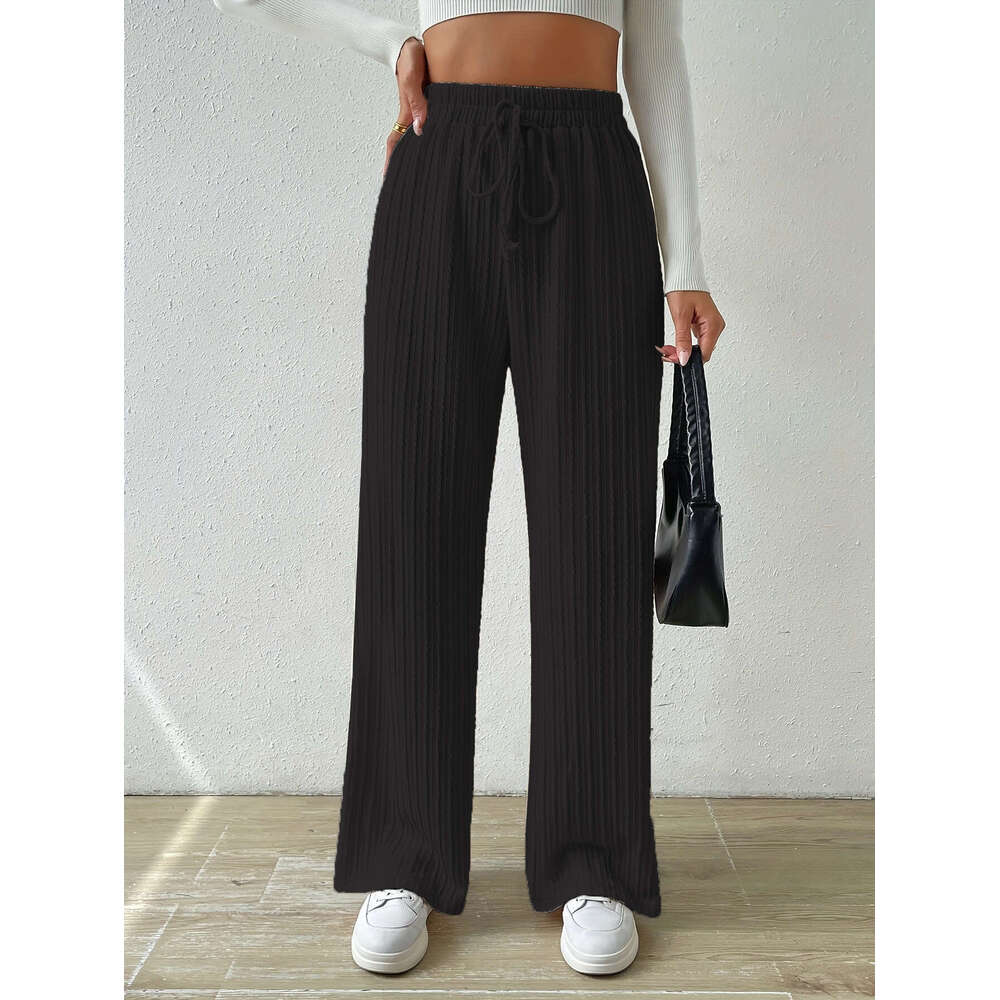 2024 New European and American Style Knitted Wide-Leg Pants with Waist Texture, Elastic High Waist, Solid Color, Casual Loose Straight-Leg Women'