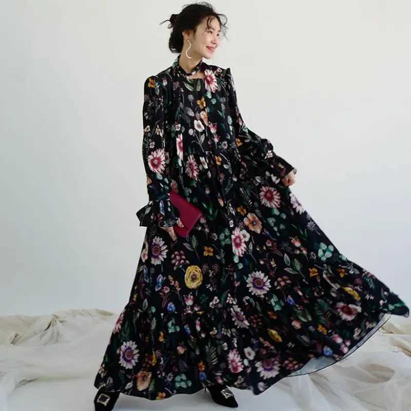 Ele dress retro fashion long Sve closed dress womens flower Hit colored necklace tie lotus Le big swing dress W250401