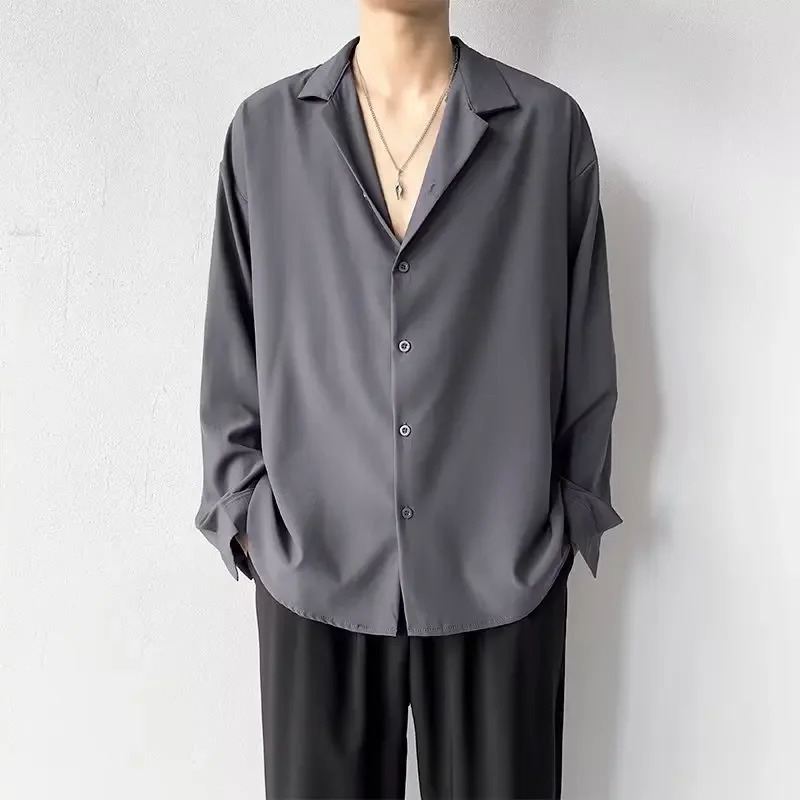 Korean Fashion Mens Shirt Spring Summer Loose Casual Long-sleeved Lapel High Street Male Suit Shirt White Black Gray Green 250409