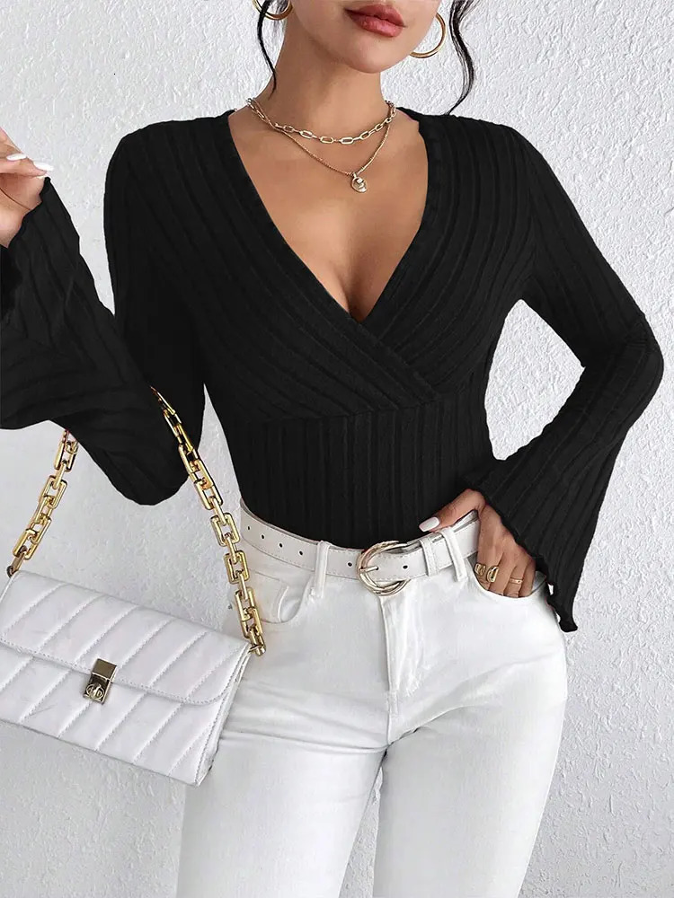 Spring Womens Tshirt Top Fashion Long Sleeve Black Sexy Vneck Low cut Elegant Paradigm Clothing 250407