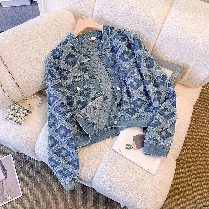 Y2k jacket crop top tassel star print single chest denim jacket autumn full matching retro womens denim jacket 250409