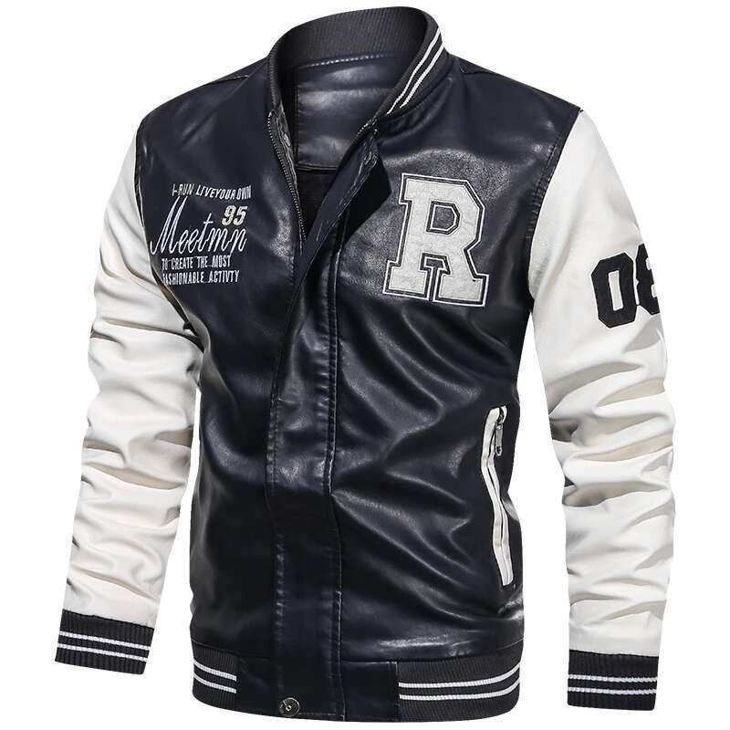Spring And Autumn Men's Motorcycle Suit Leather Color Blocking American Baseball Collar Pilot Casual PU Leather Jacket