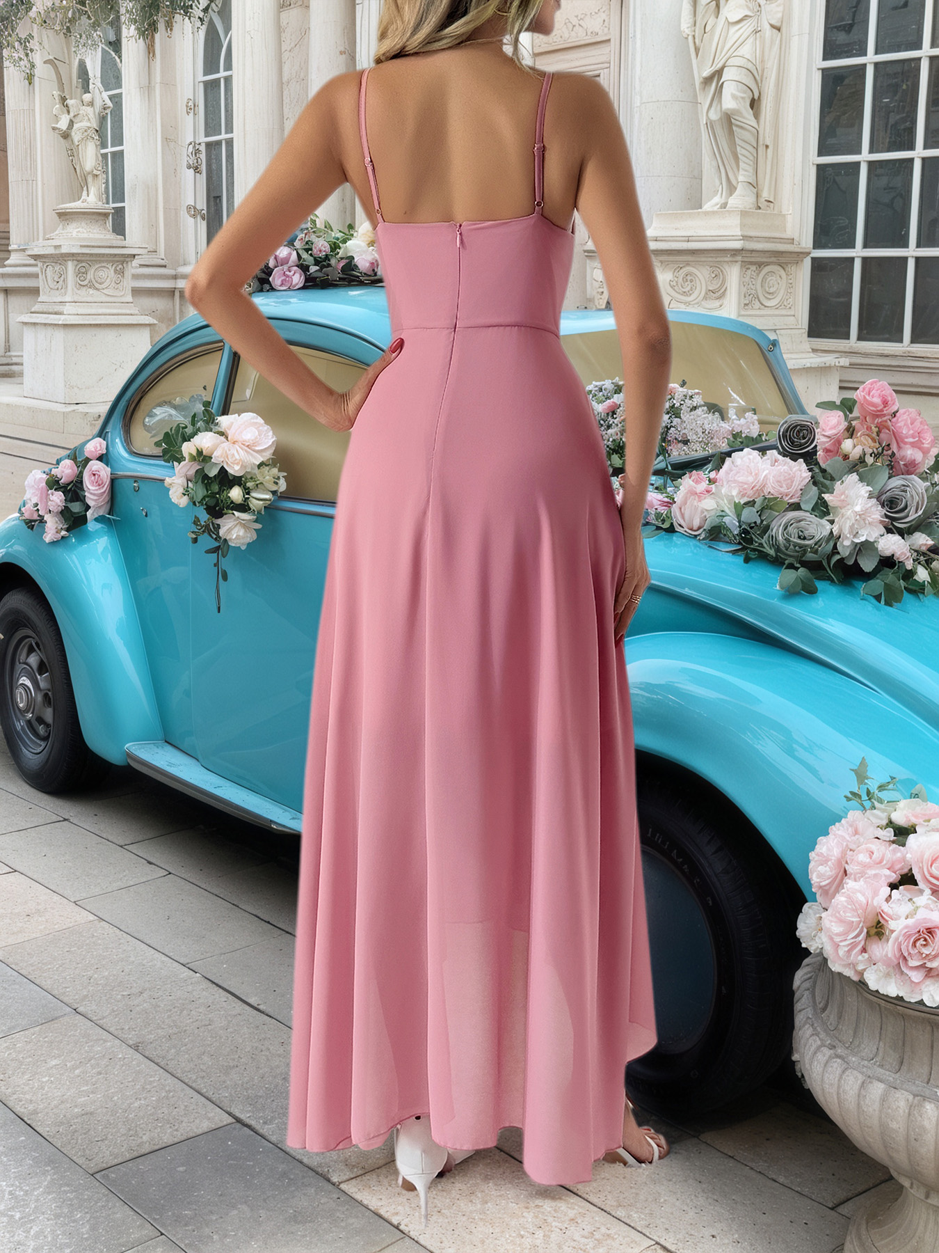 Women's Elegant Party Chiffon Dress, Spaghetti Strap Off-Shoulder Asymmetric Hem Maxi Dress, Available in Pink/Wine Red/Green/Purple---D245