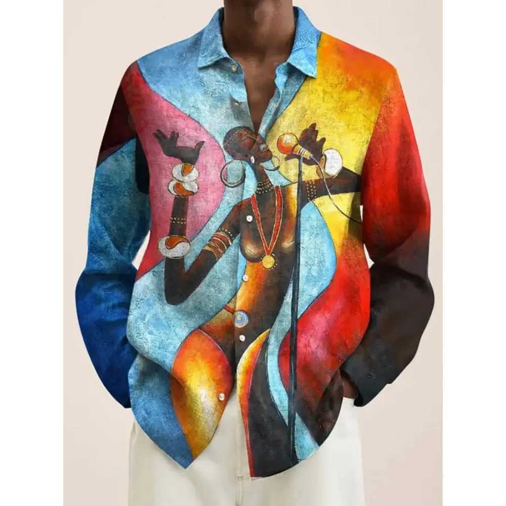 Mens 3D Art Painting Fashion Printing Single Chest Long Sleeve Casual Shirt Mens Loose Collar Mens Clothing X250410