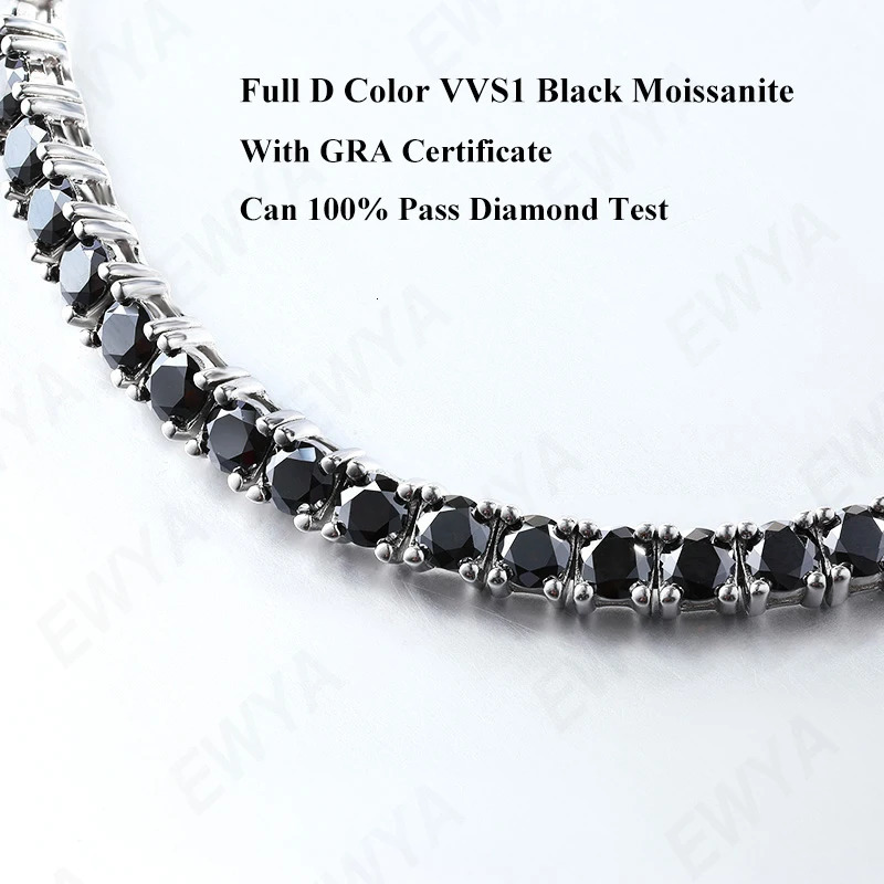 EWYA GRA Certified Real 3/4/5/6.5MM Full Black Tennis Bracelet for Women Men S925 Silver Link Bracelets Fine Jewelry 250408