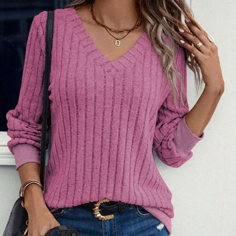 2024 Spring New Clothing Amazon Women's V-Neck Brushed Ribbed Solid Color Long Sleeve Top Independent Station