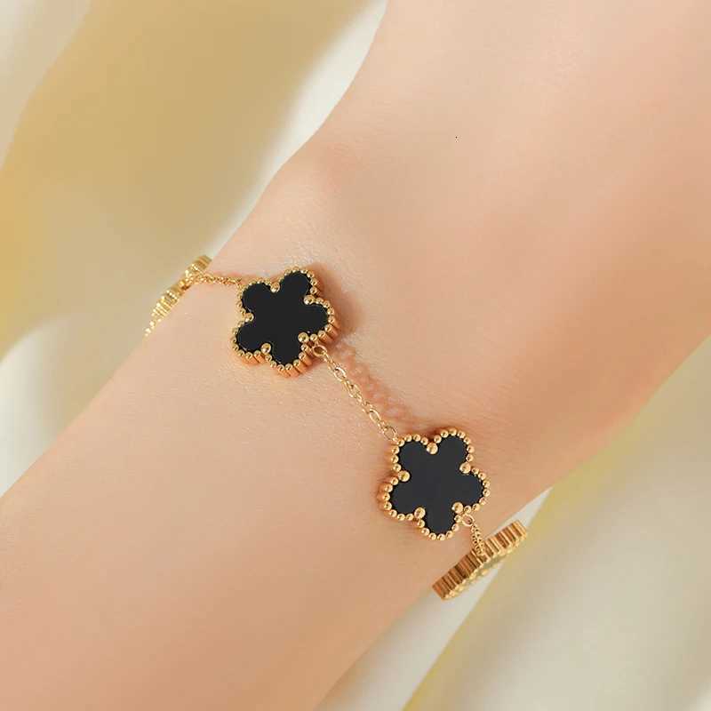 GANEMLY 316L Stainless Steel Black Plant Flower Bracelet - Five Leaf Petals Women's Luxury Jewelry Z260313