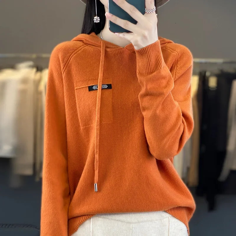 Womens Autumn Winter Knitted Hat Sweater Loose Solid Color Long Sleeve Base Shirt Outwear Casual Comfortable Hoodie 251106