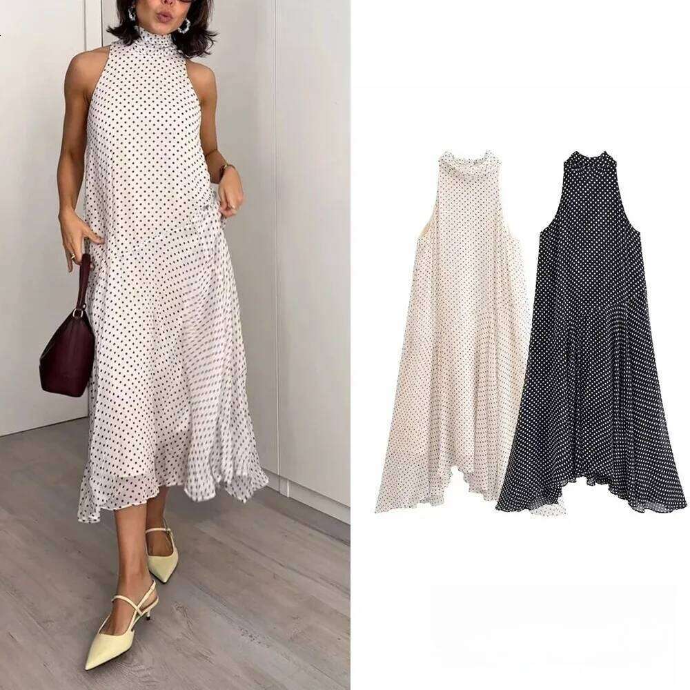 KONDALA Sexy Halter Scarf Dot Print Women Sleeveless Backless Chiffon Holiday Fashion 2025 Summer Loose Beach Dress