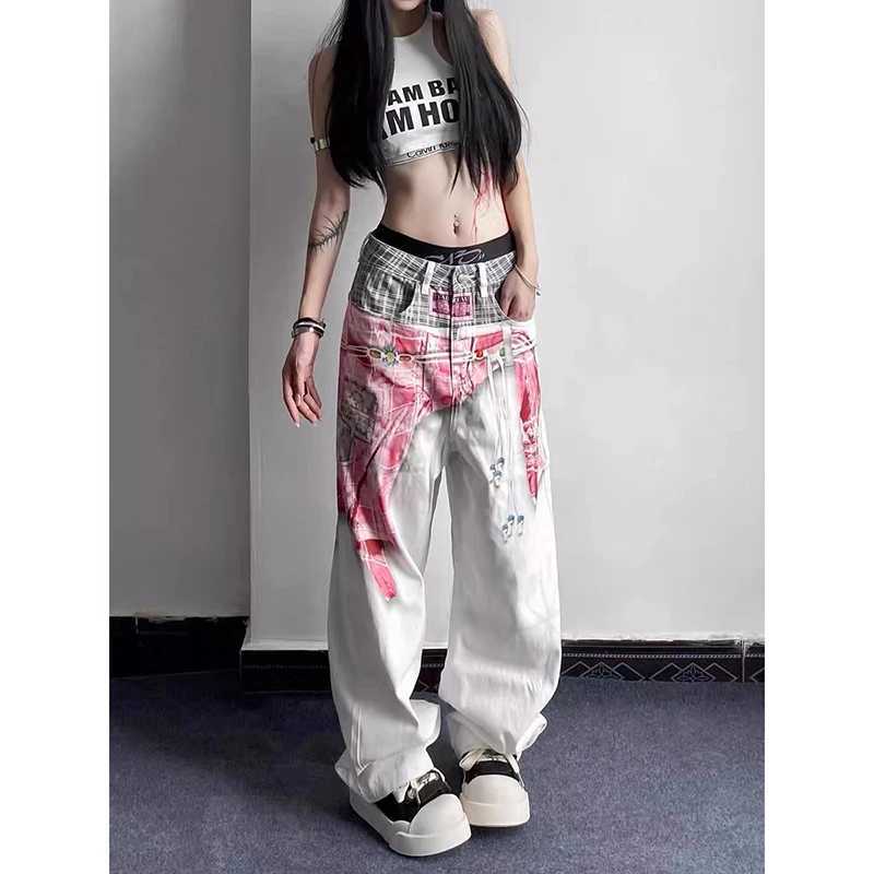ZHIZOU Women White Gothic Print Jeans Baggy Vintage Aesthetic Cowboy Pants Harajuku Denim Trousers Y2k Trashy 2000s Clothes 2025 C251110
