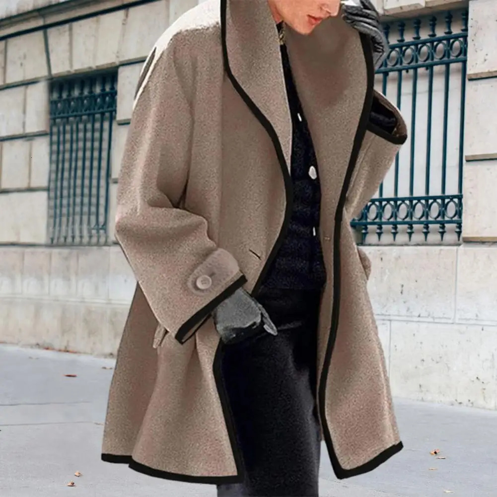 Womens hooded wool coat autumn and winter jacket loose color matching collar contrasting medium long cardigan sweater thick warm womens 250407