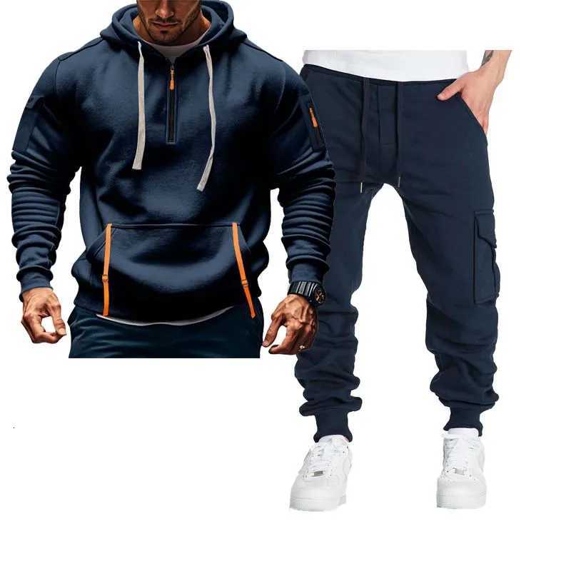 Mens sports set autumn and winter sports suit trendy jacket long sleeved long pants hooded casual sports mens suit W251110
