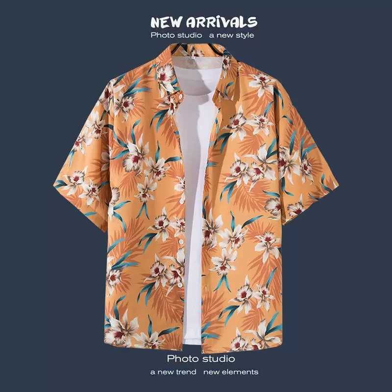 Mens short sleeved Hawaiian retro style beach shirt jacket with floral pattern suitable for vacation X250410