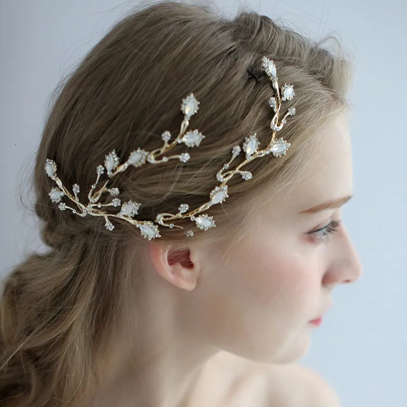 Ligth Gold Branch Bridal Hair Clip Pin Opal Crystal Wedding Headpiece Handmade Womens Crown Accessories 250409