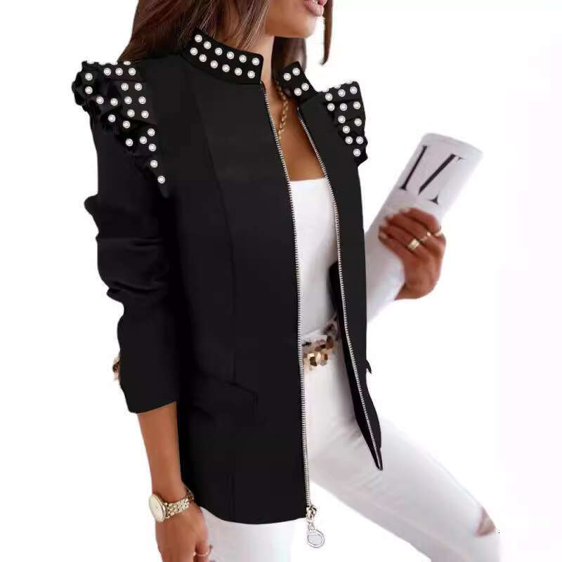 2025 Independent Station Wish Amazon Hot Item Autumn Winter Ruffled Long Sleeve Zipper Printed Blazer Jacket for Women
