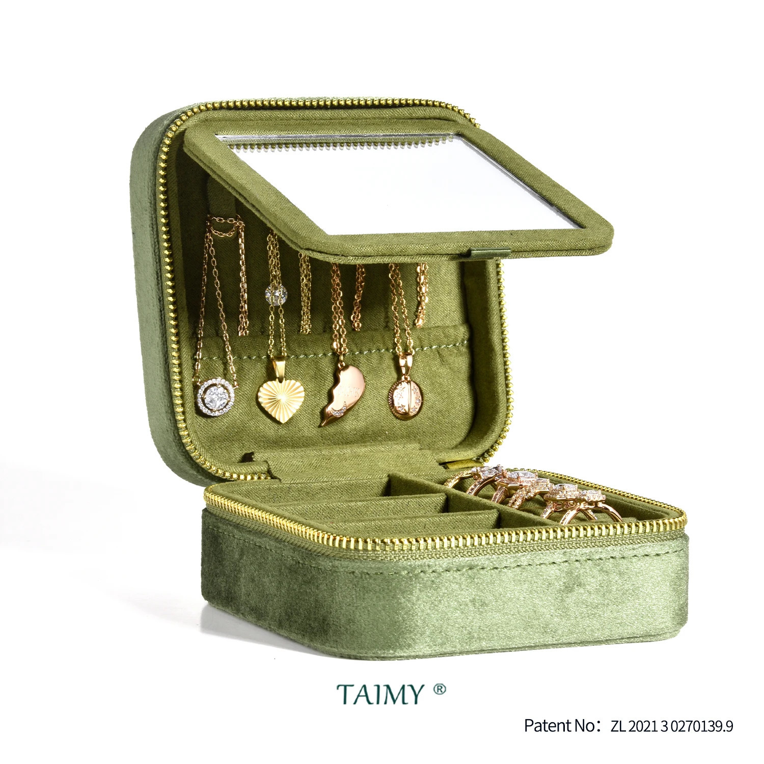 TAIMY Vintage Velvet Travel Jewelry Storage Ring Box Flip with Mirror Organizer Support Custom Retro Green Jewelry Box 250409