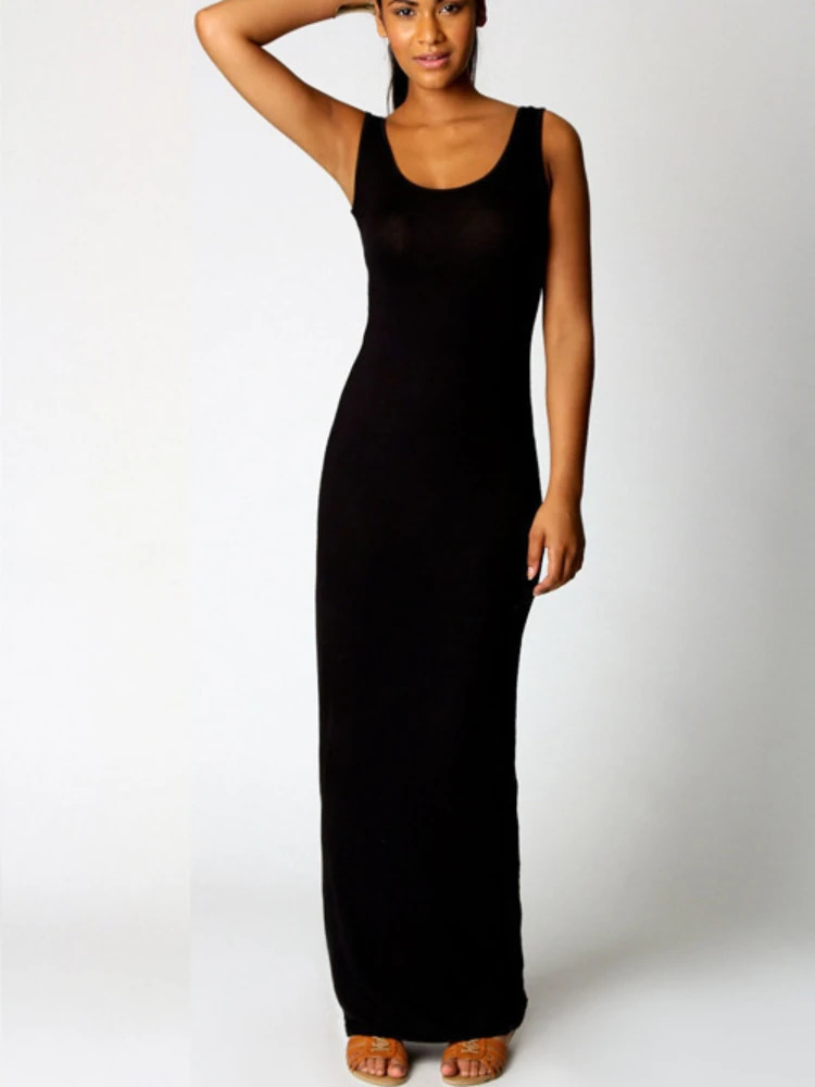 Sexy solid color slim fit long dress for women elegant sleeveless tight fitting dress club party vest 250409