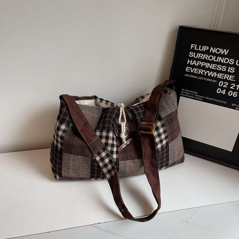 Women Handbag Autumn Winter Woolen New Vintage Versatile Plaid Shoulder Lazy Style Casual Lightweight Crossbody Bag Trendy