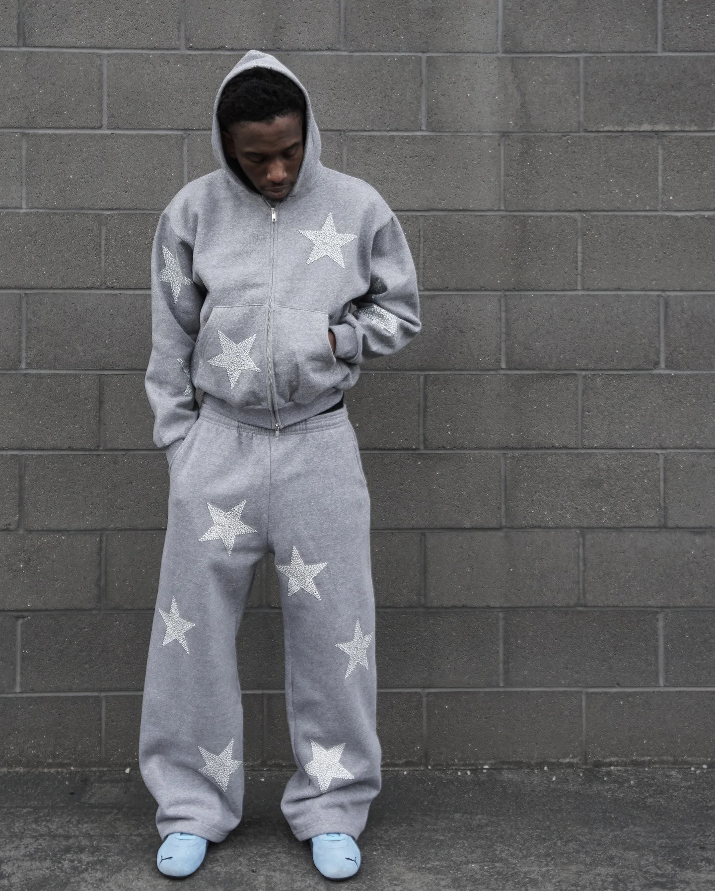 Y2k Star Heather Grey Zip Up Hoodies Jackets Mens Two Piece Set Tracksuit Men Sweatpants Harajuku Streetwear Loose Mens Clothes 250409