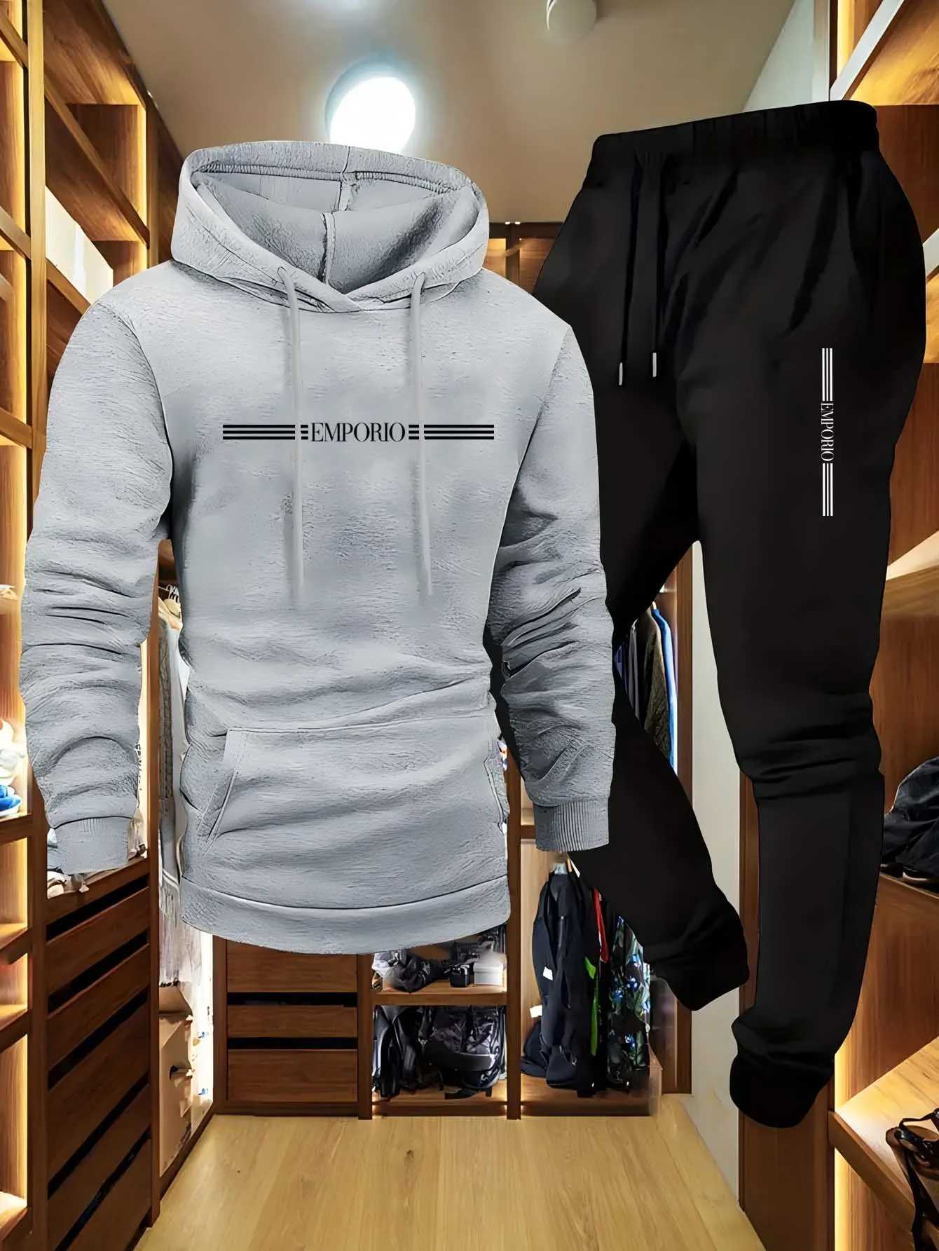 New mens thick hooded sweatshirt with printed loose trendy sportswear set W251110