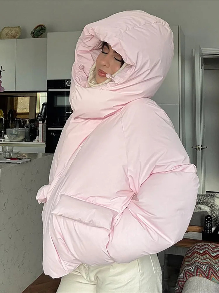 Casual Hooded Padded Jacket Womens Loose Full Sleeves Zipper Pockets Stand Collar Coats 2025 Autumn Winter Ladies Outwear 251107