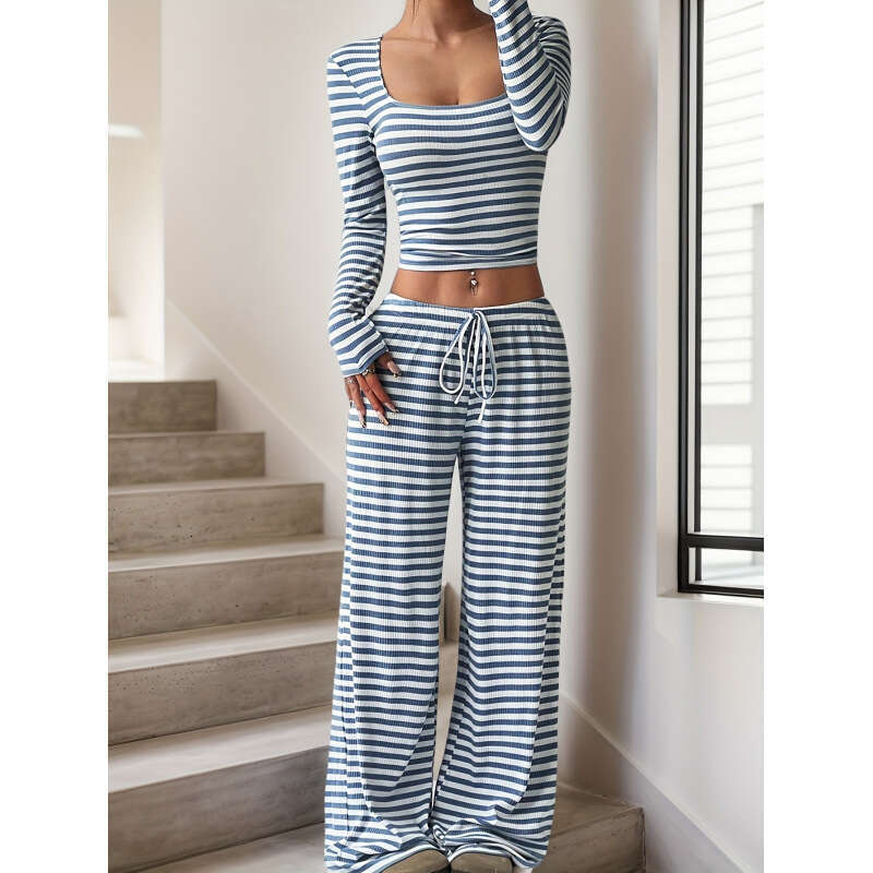 New Autumn and Winter High Quality Cross-Border Style Foreign Trade Women's Casual Loose Striped Knitted Suit for Women