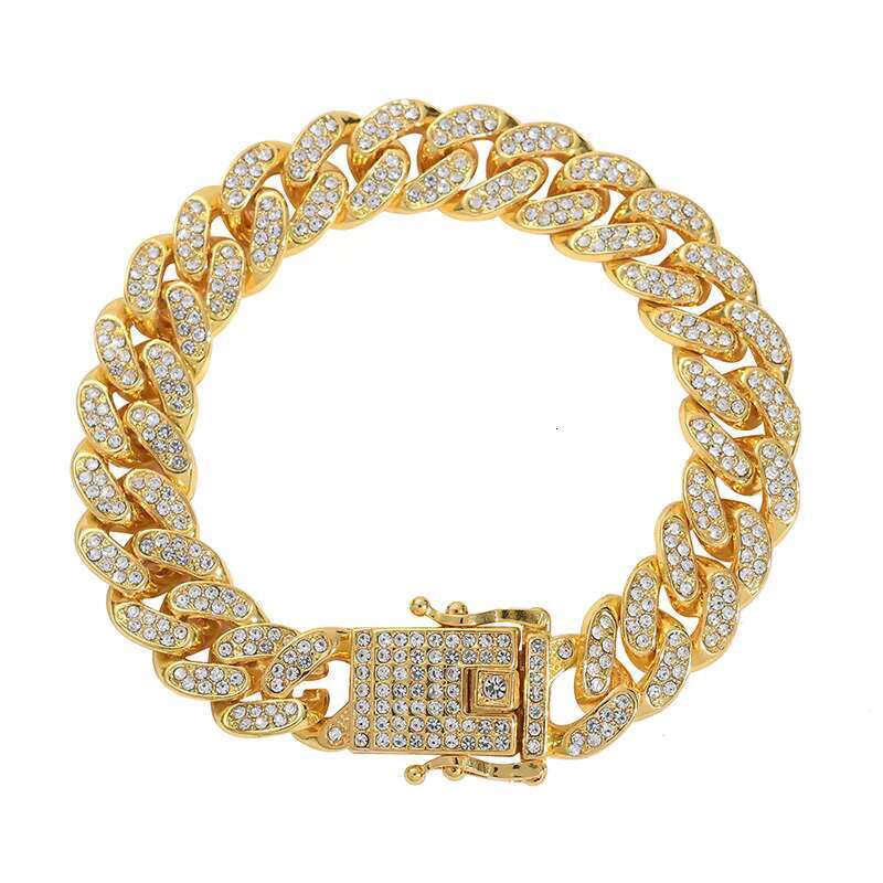Hip hop 13mm gold and sier straight pull pearl rap necklace for men, Miami fork fully chilled paved rhie Cuban chain accessory