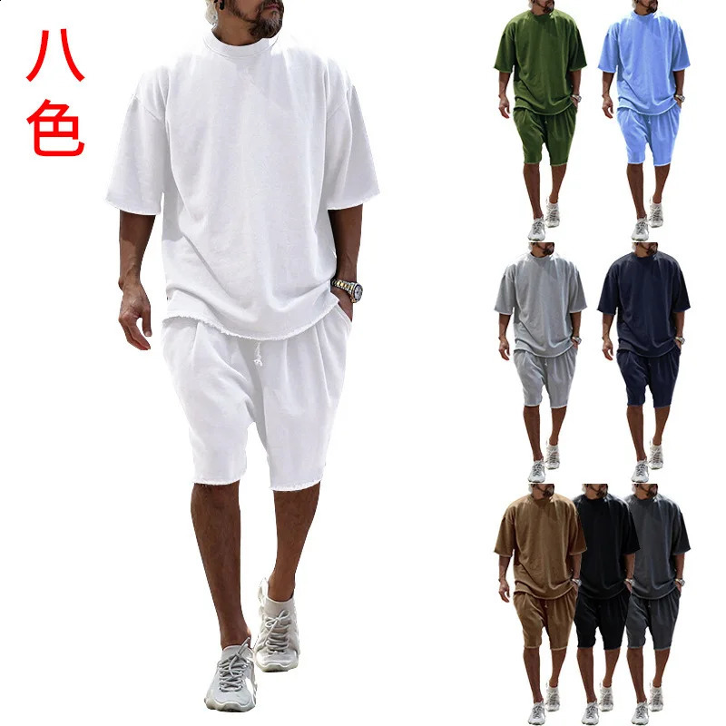 Europe and America Cross Border plus Size Casual Mens Suit Solid Color Loose Short Sleeve Simple Shorts Street Trend Style Suit 250407