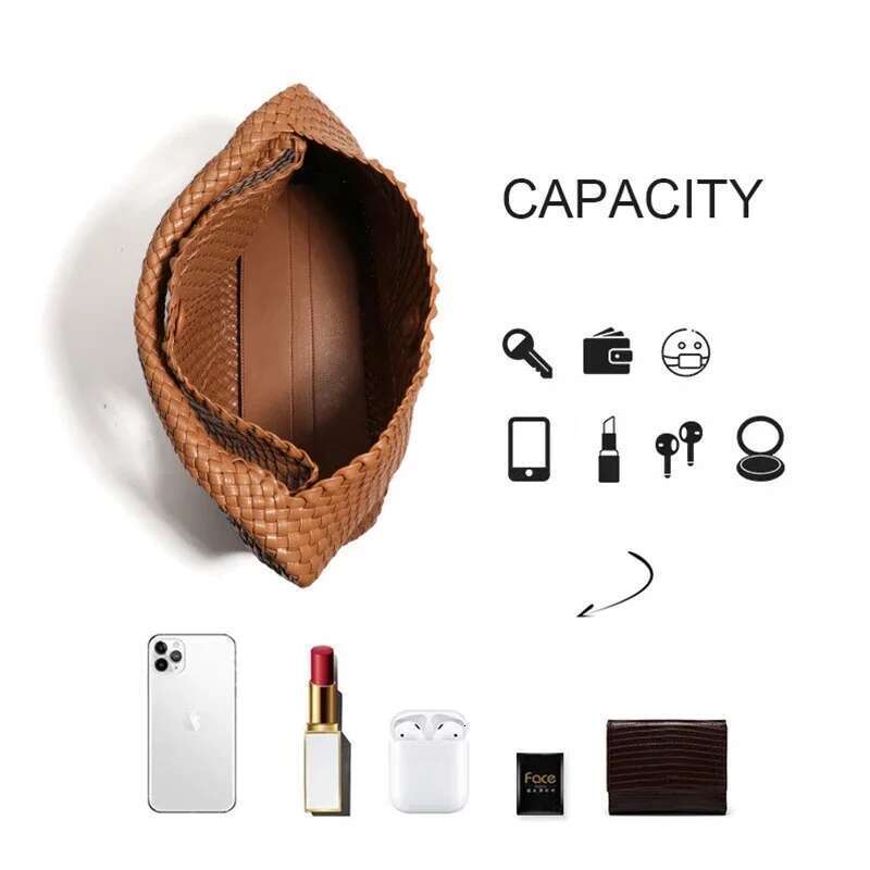 Female Hand-Woven Basket Shoulder Bag Women Leather Handbag Handmade Knitting Lady Fashion Tote Messenger With Purse