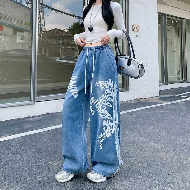 Autumn American Vintage Y2K Street Style Jeans Womens Elastic Waist Drawstring Wide-leg Long Pants Casual Graffiti 2000s Jeans C251110