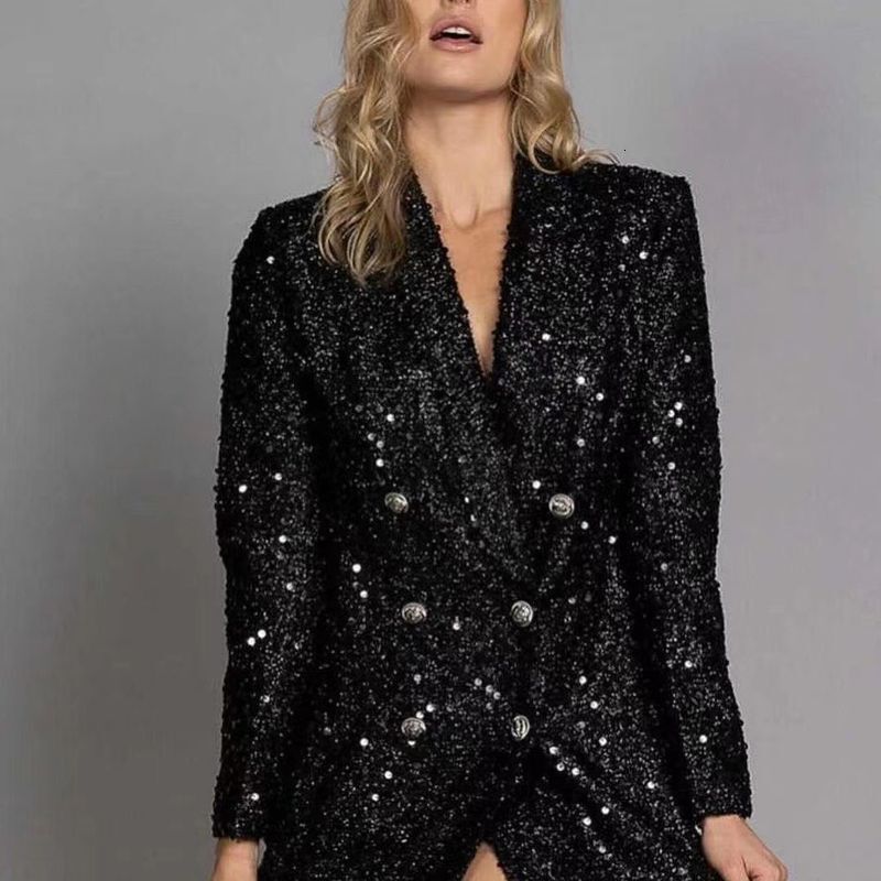 Women's Clothing Fashion Celebrity V Neck Temperament Suit Jacket Double Breasted Black Sequins Slim Long Top