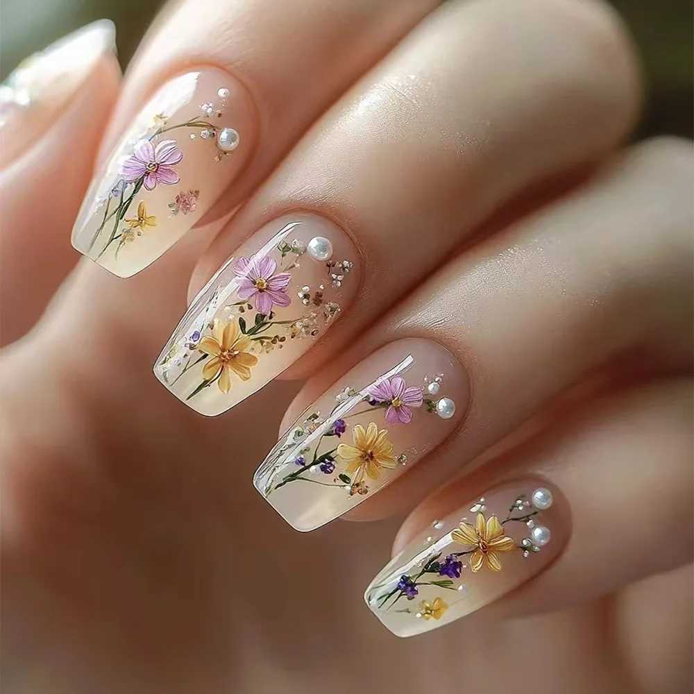 24 piece floral complete set of nails pearl design medium to long ballet fake nails square fake nails wearable handle set W250410