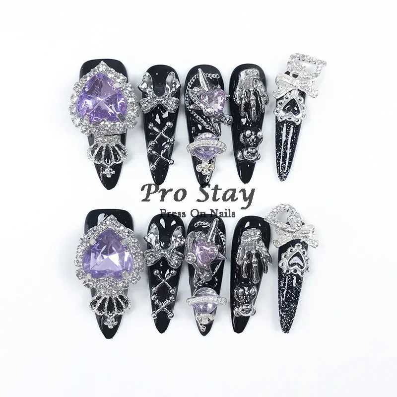 0 pieces of dark black Y2k hot girl hand pressed nails sweet and cool diamond metal decoration wearable fake nails W250410