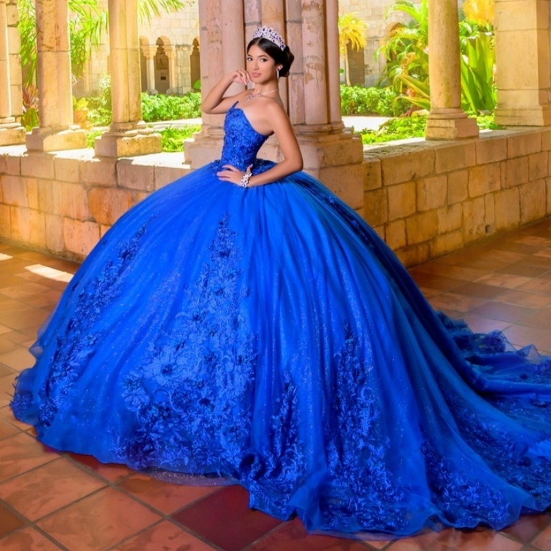 Royal Blue Shiny Quinceanera Dresses Off The Shoulder Applique Flower Beading Crystal Tull Party Birthday Sweet 16 Dress Vestidos 15 Anos