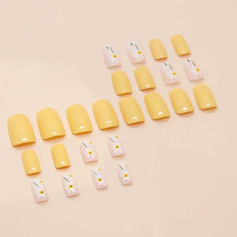 24 yellow flowers pressed on nails pink gradient fake nails smooth artificial fingers ergonomic reusable fake nails for women W250410