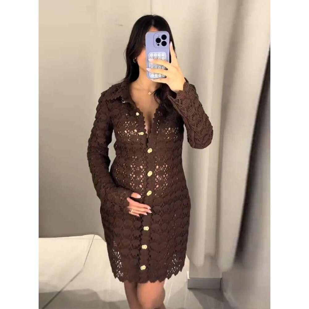 Elegant Lace Women's Dress Long Sleeve Turn-Down Collar Hollow Out Knit Female Mini Dresses 2025 Spring Summer Button Lady Robe