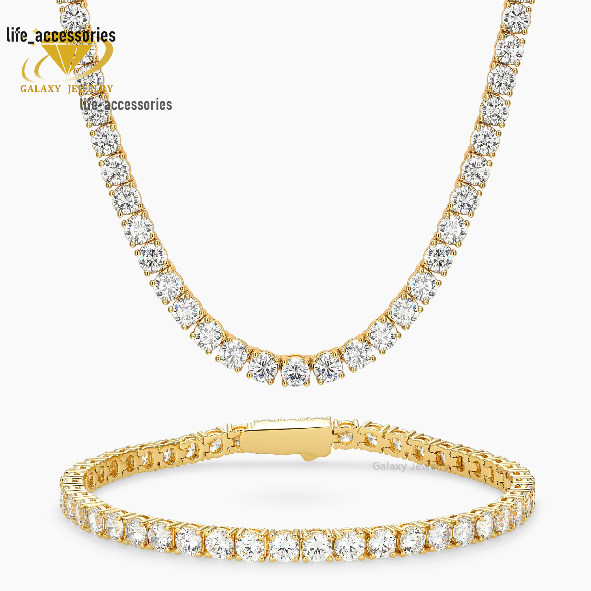 Fashion Jewelry Tennis Chain Custom 10K 14K 18K Solid Gold Iced Out Moissanite Diamond Tennis Chain Bracelet Necklace Men Women